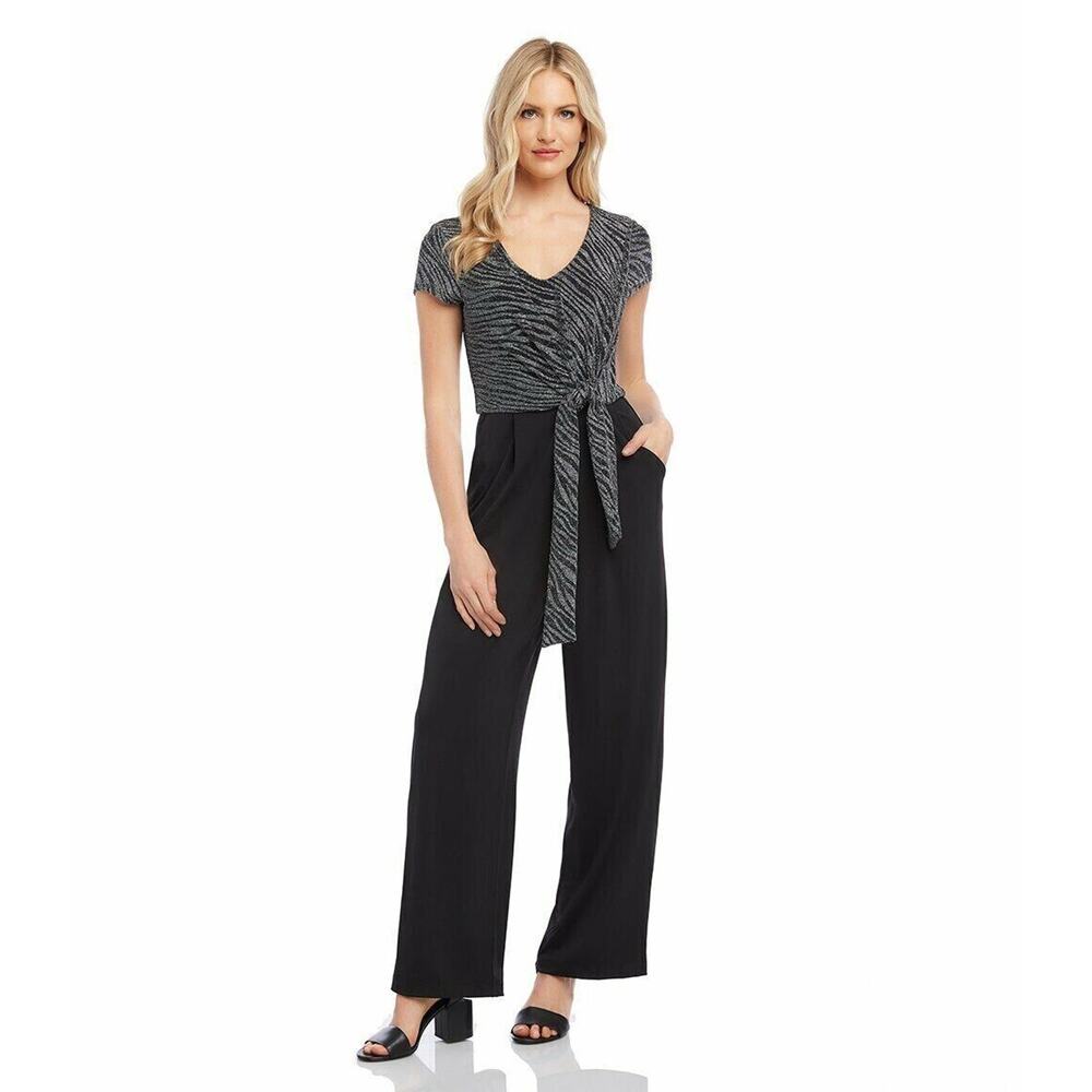Karen Kane Women's Tie Front Jumpsuit in‎ Black/Silver Medium MSRP $189
